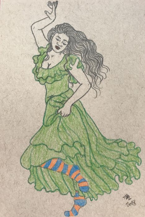 Blue and Orange stockings and the green dress by Heather Kilgore